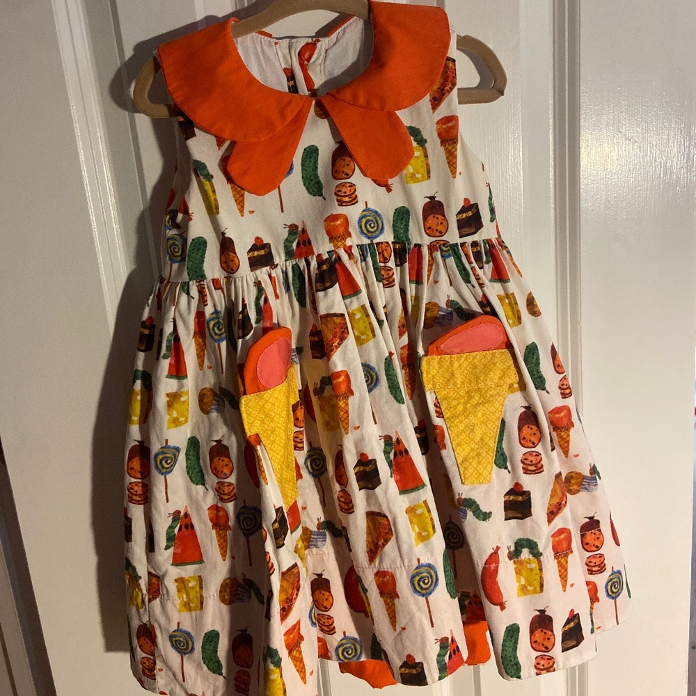 Girls' Orange Collar Cream Ice Cream Print Party Dress
